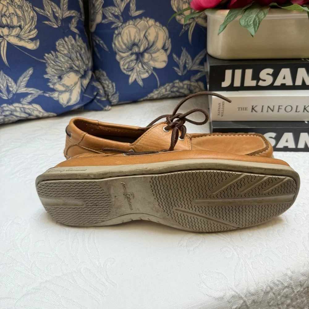 Tommy Bahama Tan and Brown Boat Shoes with Moccasin Construction